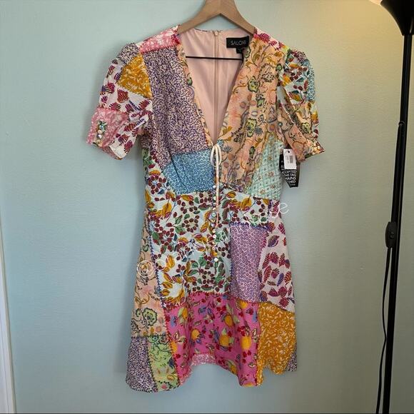 NWT SALONI Lea Cotton V Neck Button Patchwork Fruit Colorful Mini Dress 8 - Picture 13 of 16